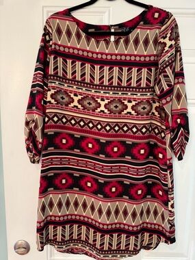 Boho Geo Print Tunic Dress in Red & Tan by Miin